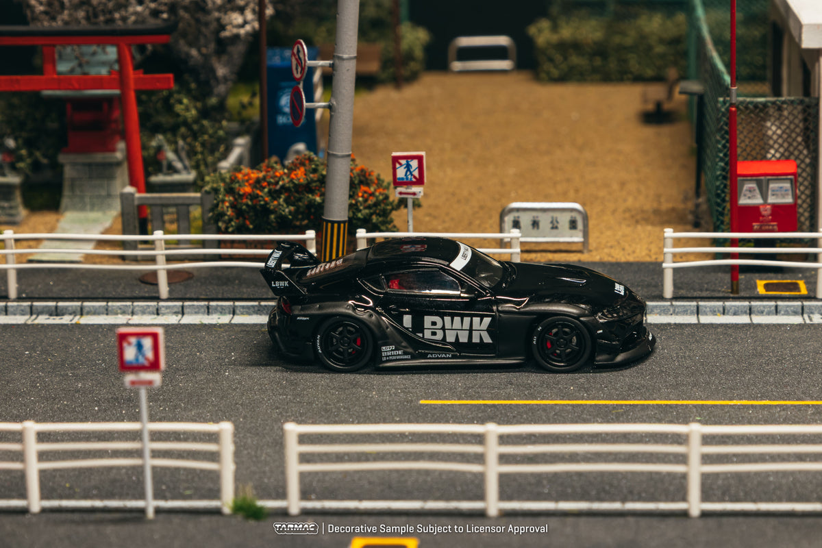 Tarmac Works 2025 Toyota Supra A90 LB-Works in black, a widebody 1:64 Hobby64 diecast model.