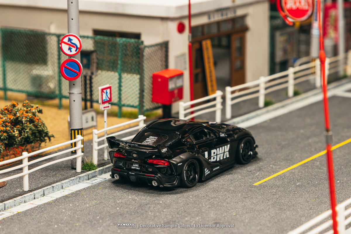 Tarmac Works 2025 Toyota Supra A90 LB-Works in black, a widebody 1:64 Hobby64 diecast model.