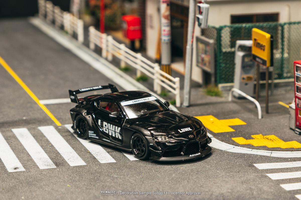 Tarmac Works 2025 Toyota Supra A90 LB-Works in black, a widebody 1:64 Hobby64 diecast model.