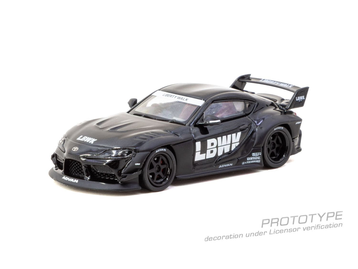 Tarmac Works 2025 Toyota Supra A90 LB-Works in black, a widebody 1:64 Hobby64 diecast model.