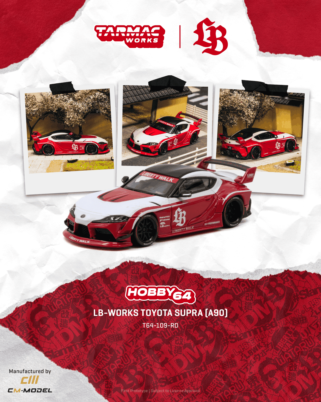 Tarmac Works 2025 Toyota Supra A90 LB-Works in red, a widebody 1:64 Hobby64 diecast model.