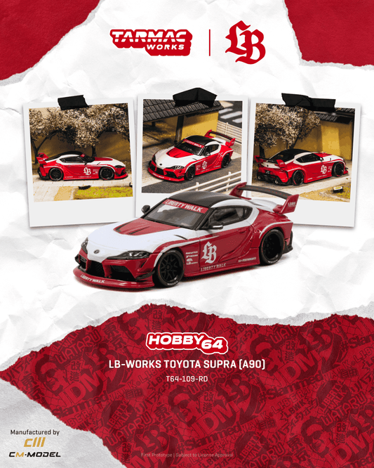 Tarmac Works 2025 Toyota Supra A90 LB-Works in red, a widebody 1:64 Hobby64 diecast model.