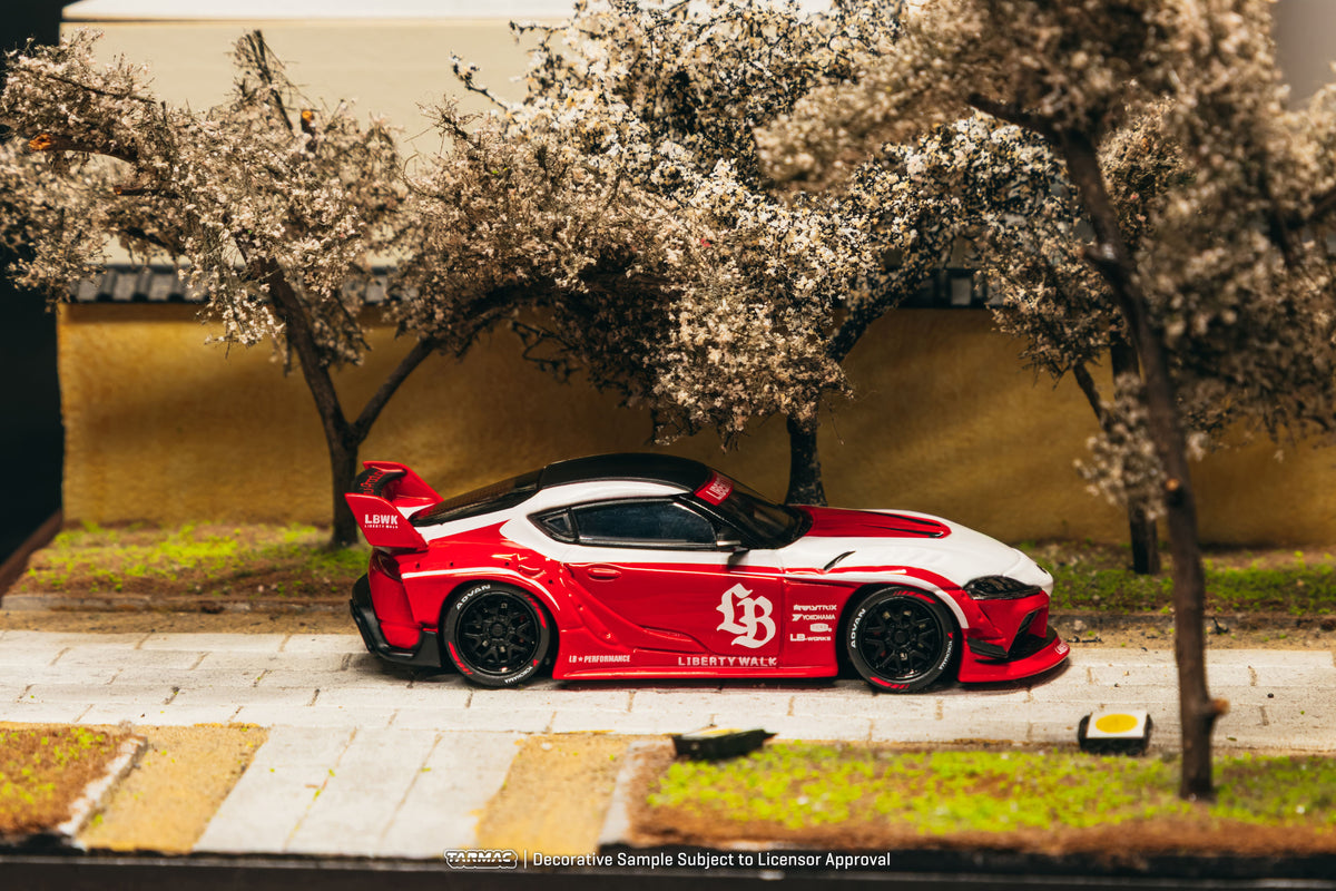 Tarmac Works 2025 Toyota Supra A90 LB-Works in red, a widebody 1:64 Hobby64 diecast model.