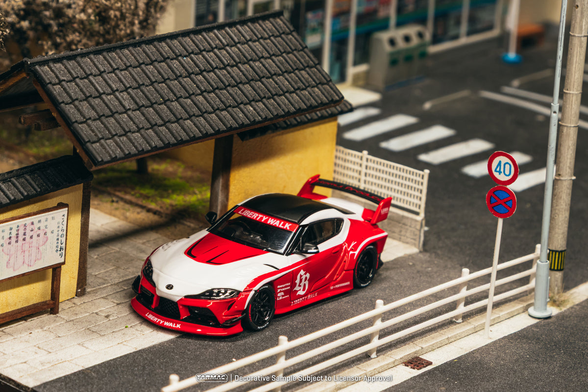 Tarmac Works 2025 Toyota Supra A90 LB-Works in red, a widebody 1:64 Hobby64 diecast model.
