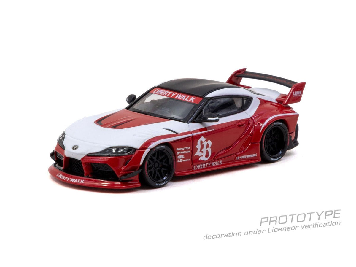 Tarmac Works 2025 Toyota Supra A90 LB-Works in red, a widebody 1:64 Hobby64 diecast model.