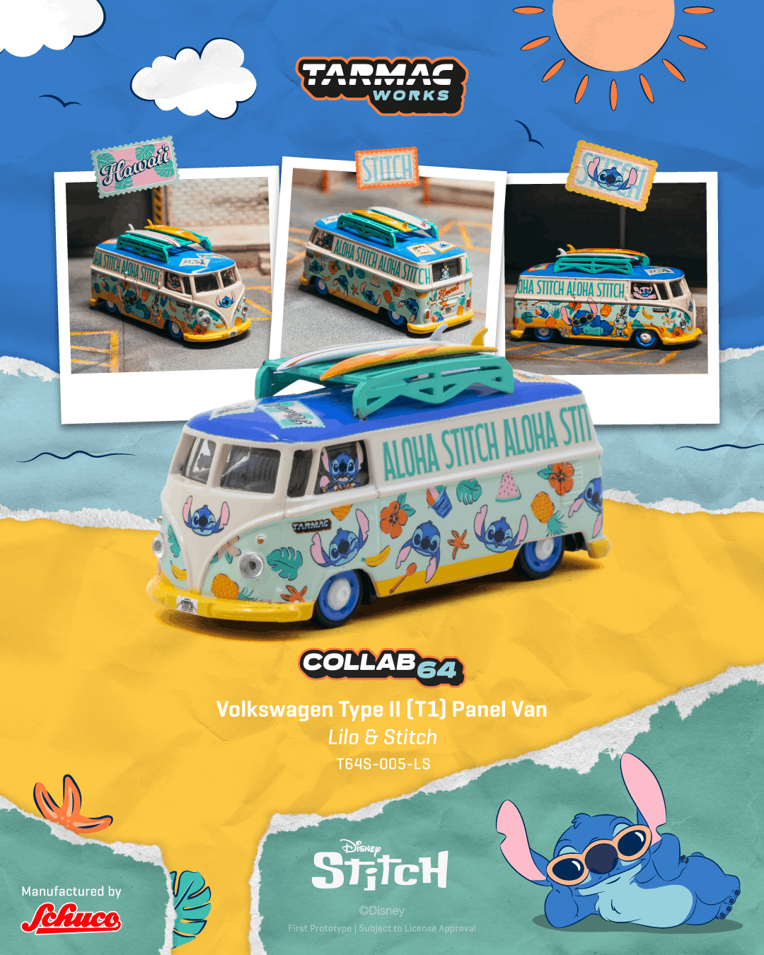 Tarmac Works 2025 Volkswagen Transporter T1 Panel Van Lilo & Stitch, a 1:64 Hobby64 model in an acrylic display case.