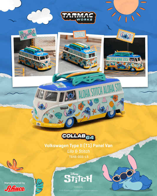 Tarmac Works 2025 Volkswagen Transporter T1 Panel Van Lilo & Stitch, a 1:64 Hobby64 model in an acrylic display case.