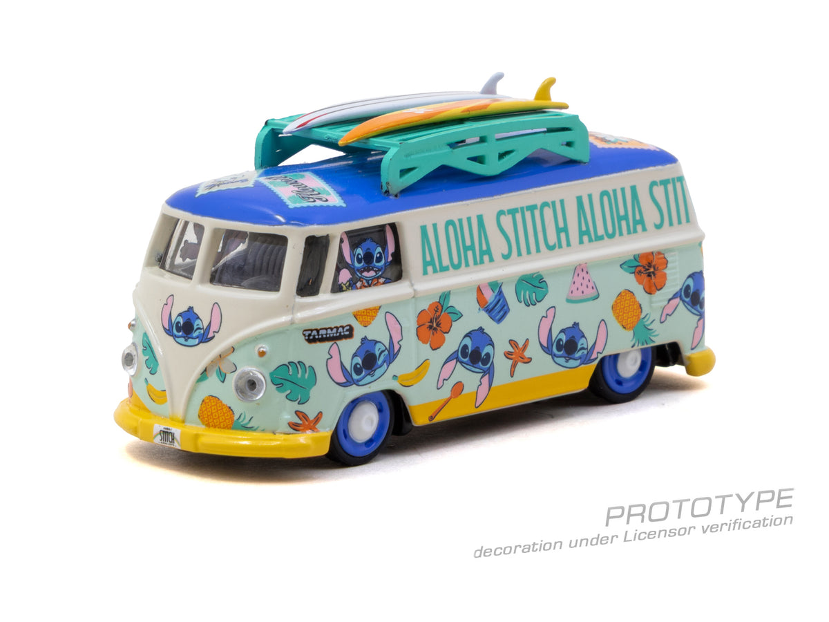 Tarmac Works 2025 Volkswagen Transporter T1 Panel Van Lilo & Stitch, a 1:64 Hobby64 model in an acrylic display case.