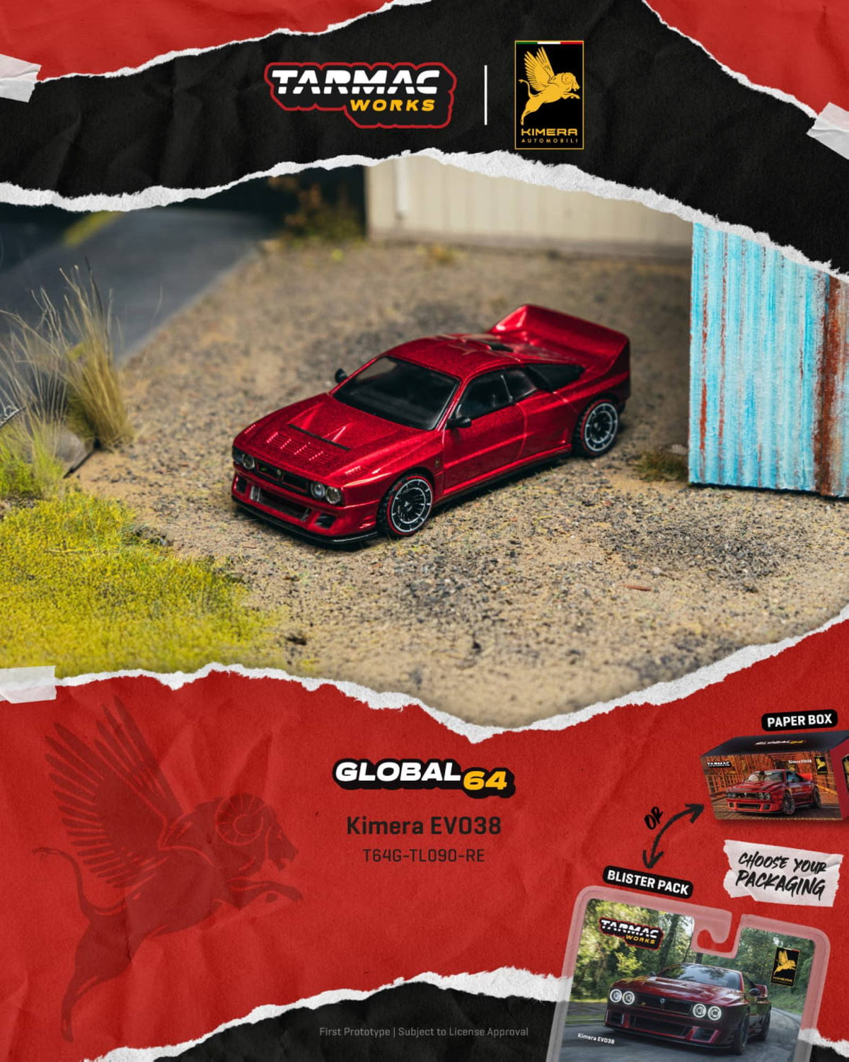 Tarmac Works 2026 Kimera EVO38 in red, a 1:64 Global64 diecast model inspired by Italian rally heritage.