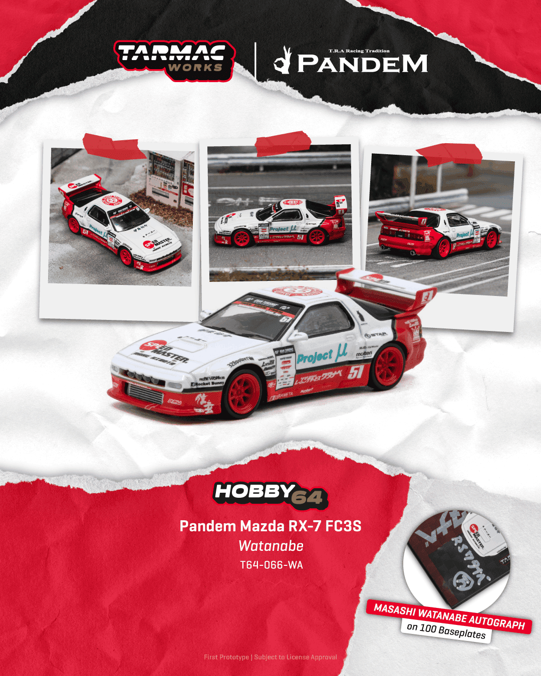 Tarmac Works 2026 Mazda RX-7 FC3S Pandem Masashi Watanabe in white and red, 1:64 Hobby64 model.