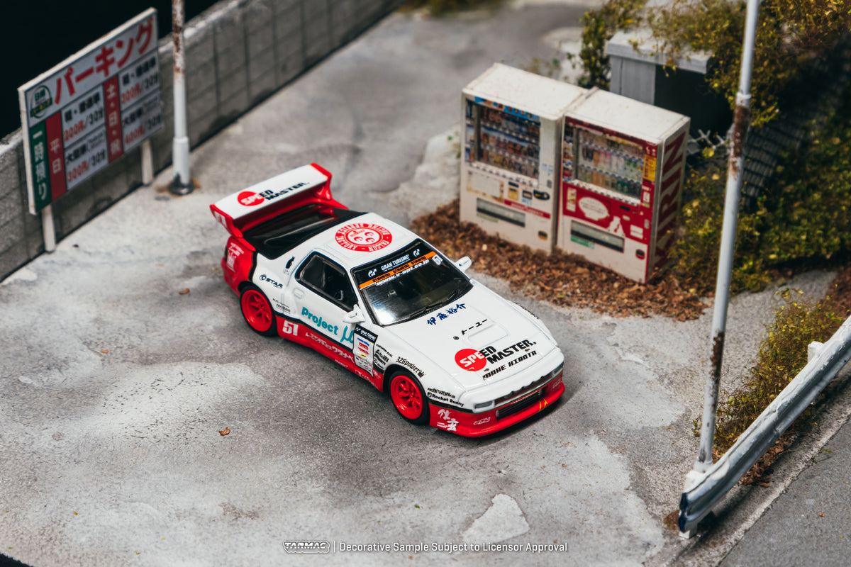 Tarmac Works 2026 Mazda RX-7 FC3S Pandem Masashi Watanabe in white and red, 1:64 Hobby64 model.