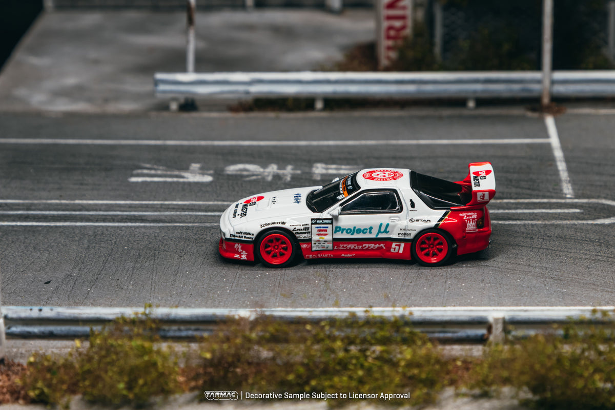 Tarmac Works 2026 Mazda RX-7 FC3S Pandem Masashi Watanabe in white and red, 1:64 Hobby64 model.