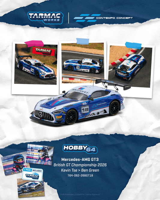 Tarmac Works Hobby64 Mercedes-AMG GT3 number 18 Kevin Tse British GT Championship 2026 in 1:64 scale