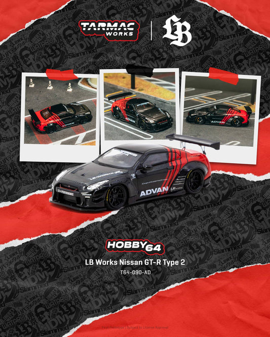 Tarmac Works 1:64 Nissan GT-R R35 LB Works Type 2 Advan Liberty Walk black crimson diecast model