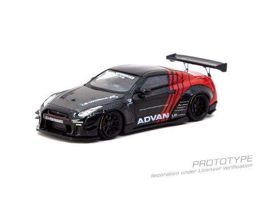 Tarmac Works 1:64 Nissan GT-R R35 LB Works Type 2 Advan Liberty Walk black crimson diecast model