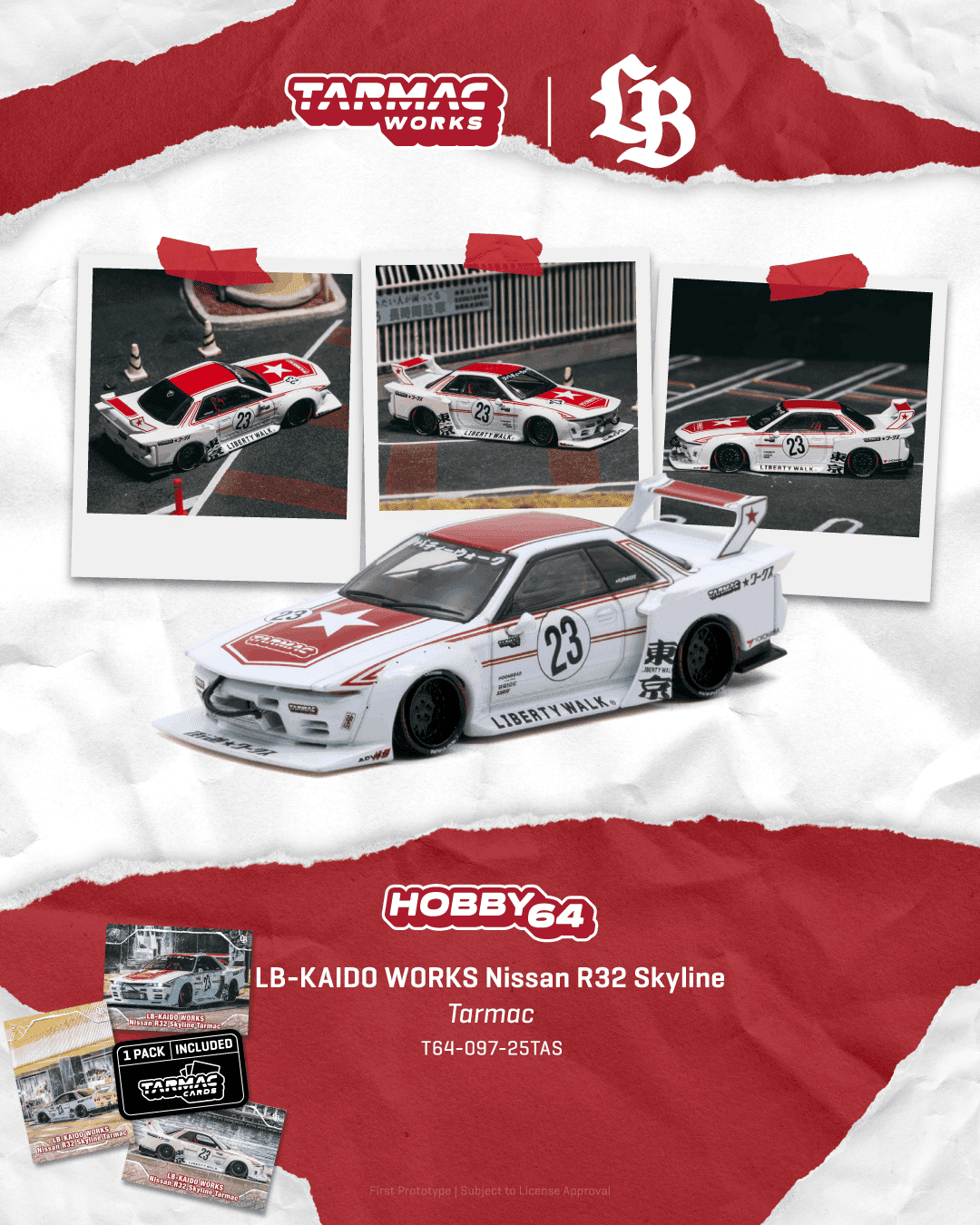 Tarmac Works 2026 Nissan Skyline R32 LB-Kaido Works Tarmac in white and red, a 1:64 Hobby64 model.