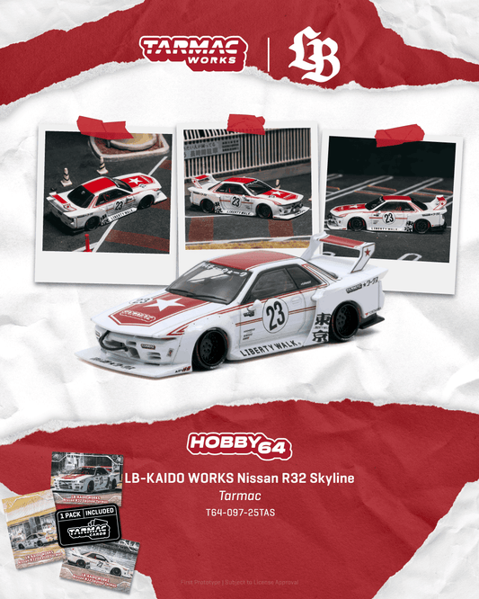 Tarmac Works 2026 Nissan Skyline R32 LB-Kaido Works Tarmac in white and red, a 1:64 Hobby64 model.