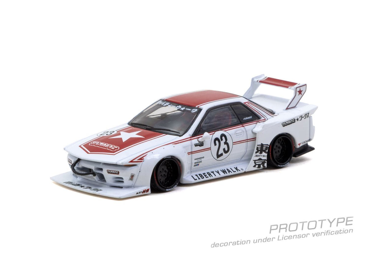 Tarmac Works 2026 Nissan Skyline R32 LB-Kaido Works Tarmac in white and red, a 1:64 Hobby64 model.