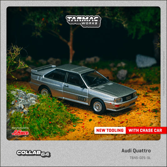 1:64 scale Tarmac Works Audi Quattro die-cast model with classic rally styling.