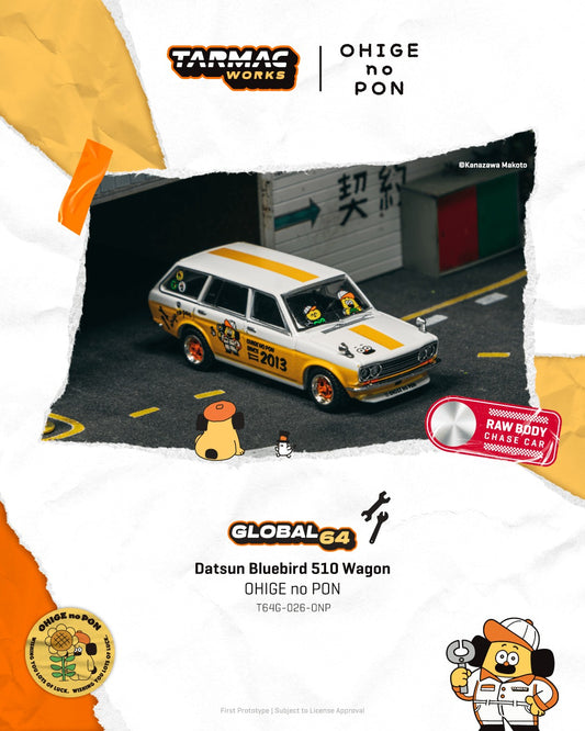 1:64 Tarmac Works Datsun Bluebird 510 Wagon “OHIGE no PON” with colorful custom livery, detailed trim, chrome bumpers, and retro wheels.