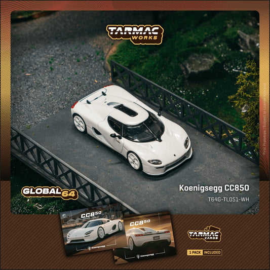 armac Works Koenigsegg CC850 White 1:64 diecast model with trading cards combo set.