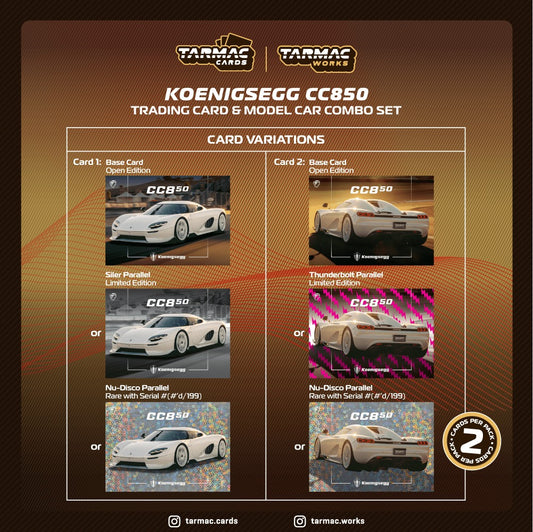 armac Works Koenigsegg CC850 White 1:64 diecast model with trading cards combo set. Cards