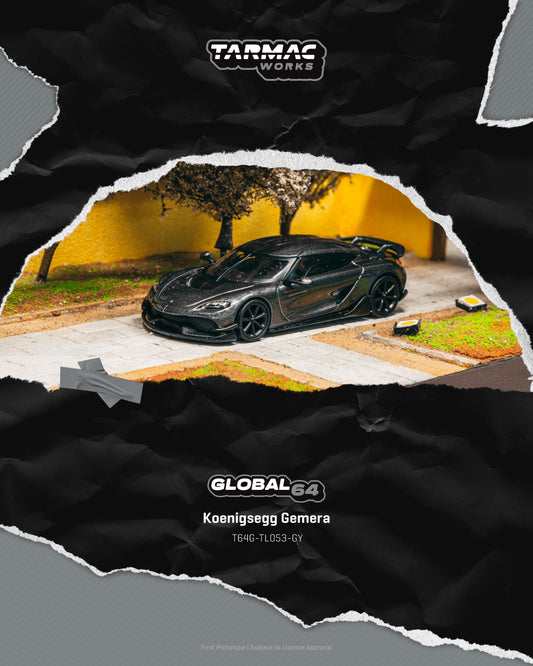 1:64 Tarmac Works Koenigsegg Gemera in grey, showcasing the hypercar’s sleek lines and detailed exterior features.