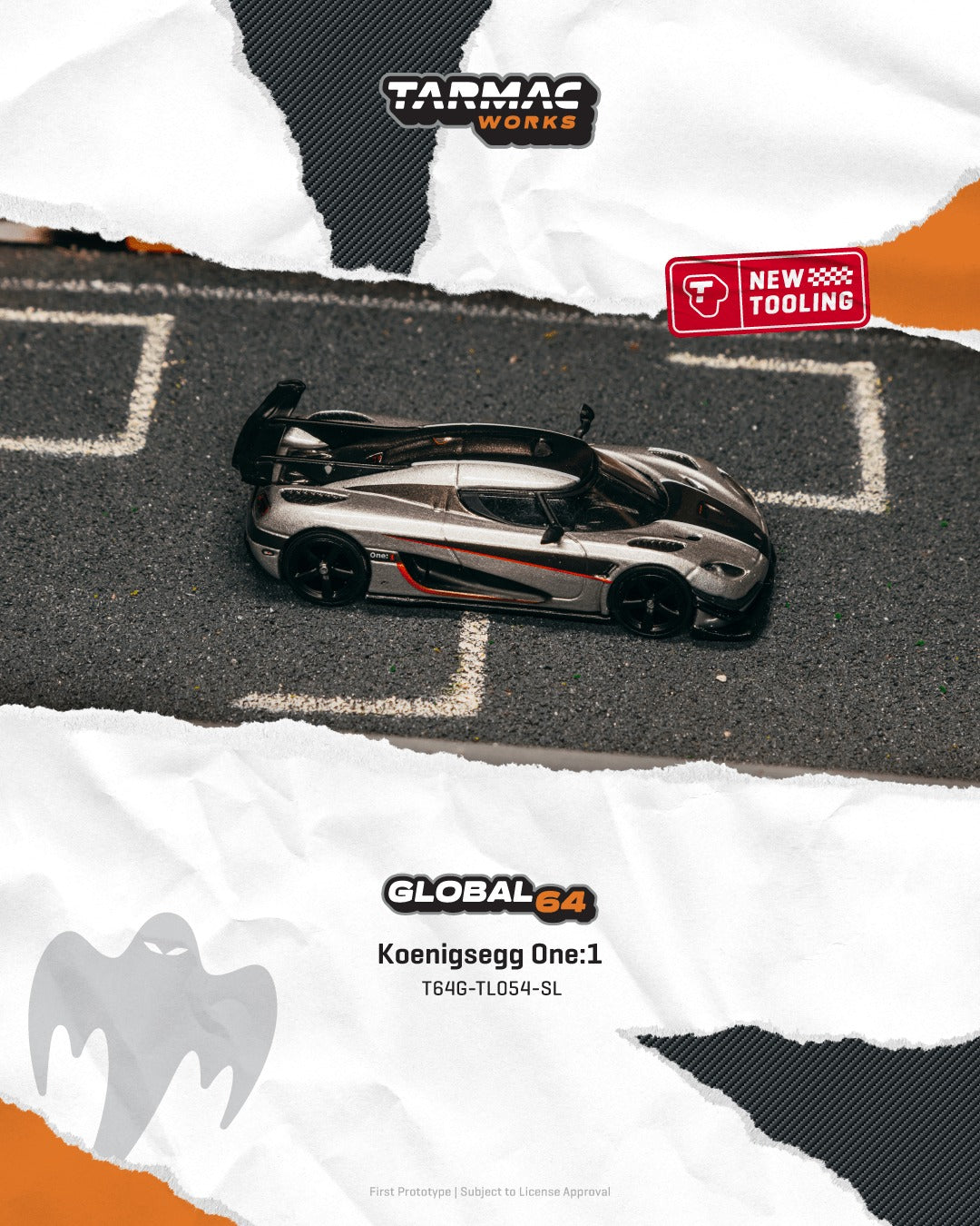 1:64 Tarmac Works Koenigsegg One:1 Silver – Global64 die-cast hypercar with detailed aerodynamic design.