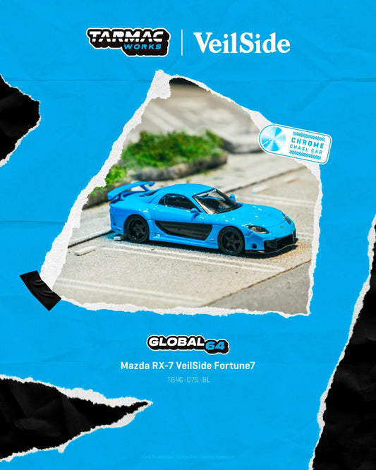 1:64 Tarmac Works Mazda RX-7 VeilSide Fortune7 in baby blue, widebody kit, VeilSide logos, detailed rims and headlights, pre-order collectible model. Poster