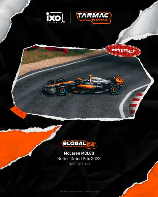 1:64 Tarmac Works McLaren MCL60, Lando Norris, British Grand Prix 2023, featuring authentic McLaren race livery and detailed aerodynamic elements.