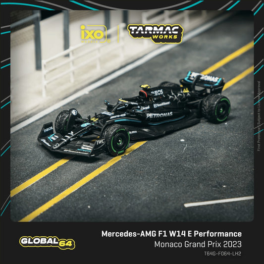 1:64 Tarmac Works Mercedes-AMG F1 W14 #44 Lewis Hamilton Monaco GP 2023 in black livery with aero detailing.
