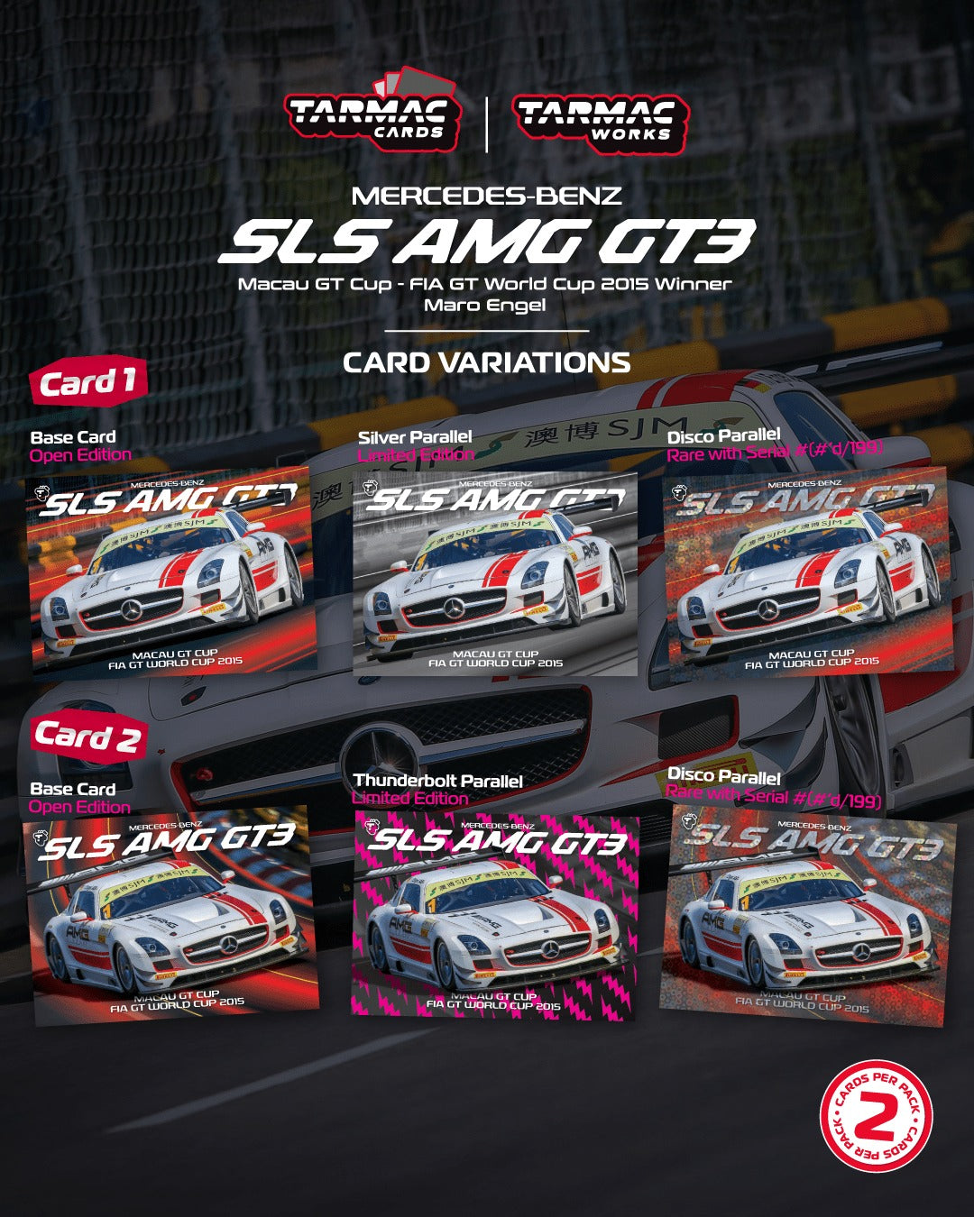 Tarmac Works Mercedes-Benz SLS AMG GT3 Maro Engel Macau GT Cup 2015 diecast 1:64. Cards