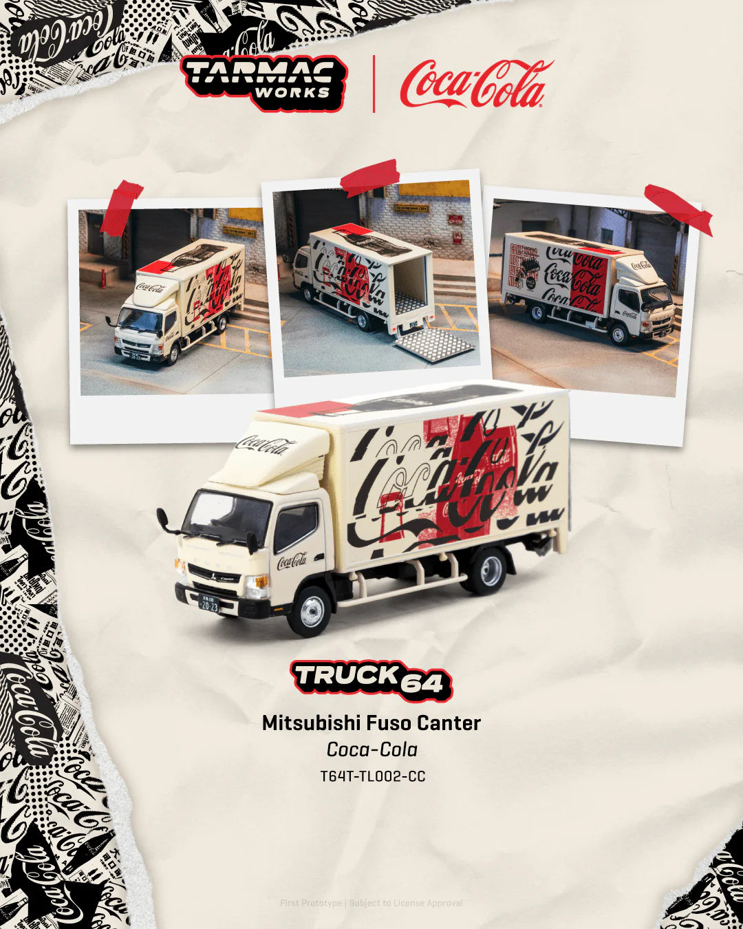 Tarmac Works 1:64 Mitsubishi Fuso Canter Coca-Cola livery commercial truck model.