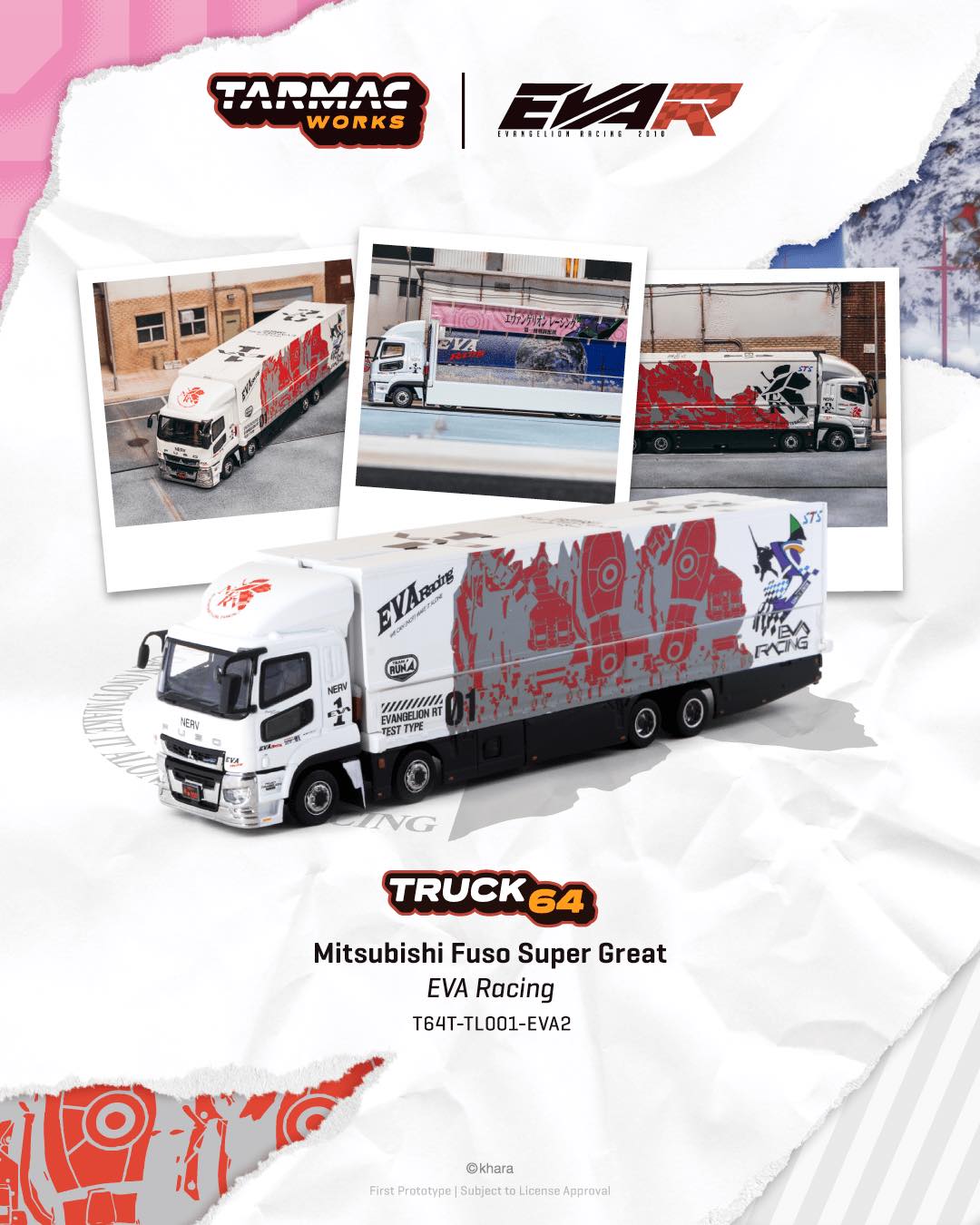 1:64 Tarmac Works Mitsubishi Fuso Super Great EVA Racing – purple and green Evangelion Racing die-cast truck model.