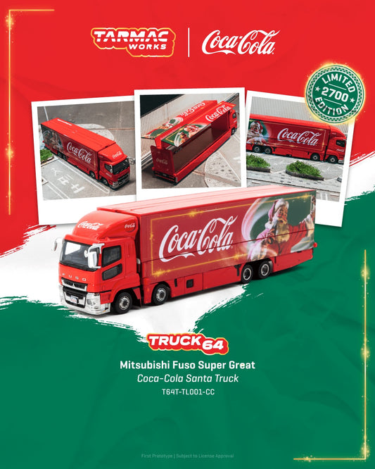 1:64 Tarmac Works Coca-Cola Santa Truck Mitsubishi Fuso Super Great – red holiday die-cast truck model.