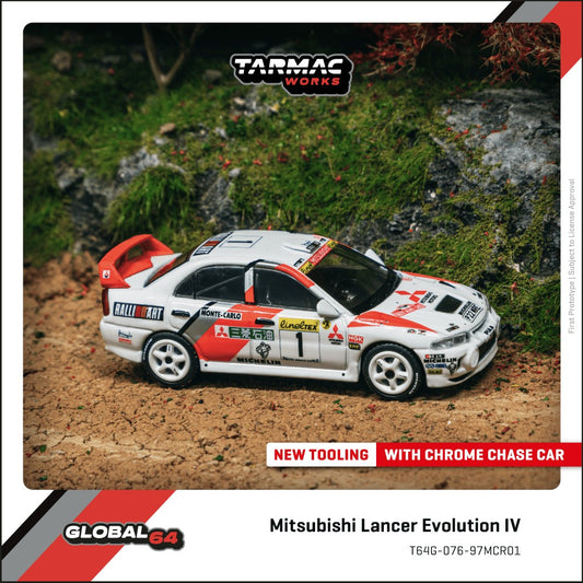 Tarmac Works Mitsubishi Lancer Evolution IV #1 Monte Carlo Rally 1997 diecast car in red WRC livery.