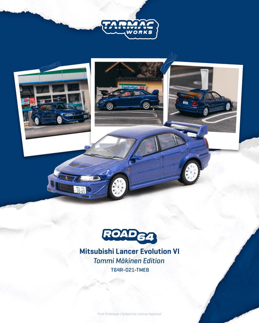 1:64 Tarmac Works Mitsubishi Lancer Evolution VI Tommi Mäkinen Edition Blue – JDM rally die-cast model.