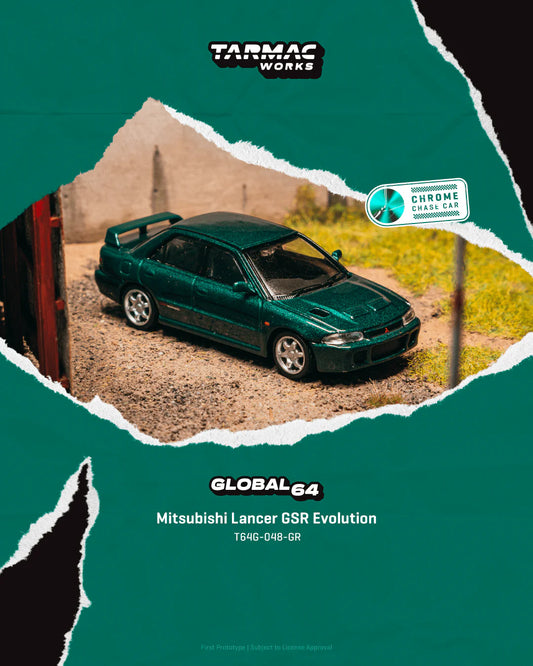 Tarmac Works 1:64 Mitsubishi Lancer GSR Evolution Green Metallic die-cast performance car.