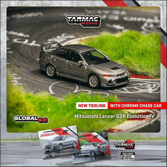 Tarmac Works Mitsubishi Lancer Evolution IV in silver with diecast model and trading card combo.
