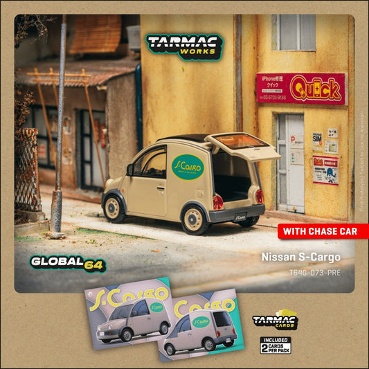 1:64 Tarmac Works Nissan S-Cargo die-cast model with trading cards combo set in retro design display.