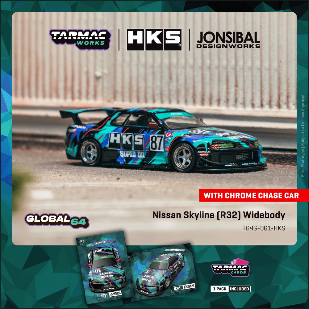 Tarmac Works 1:64 Nissan Skyline R32 Widebody HKS with trading cards diecast model