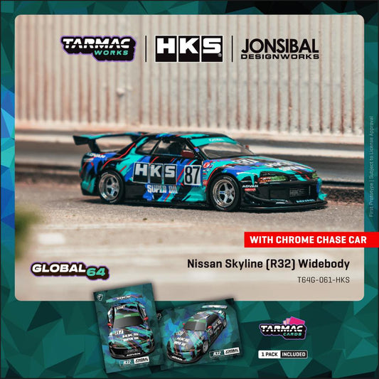 Tarmac Works 1:64 Nissan Skyline R32 Widebody HKS with trading cards diecast model