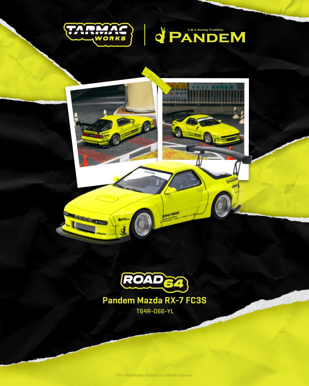 1:64 Tarmac Works Pandem Mazda RX-7 FC3S Yellow – widebody JDM die-cast model with display base.