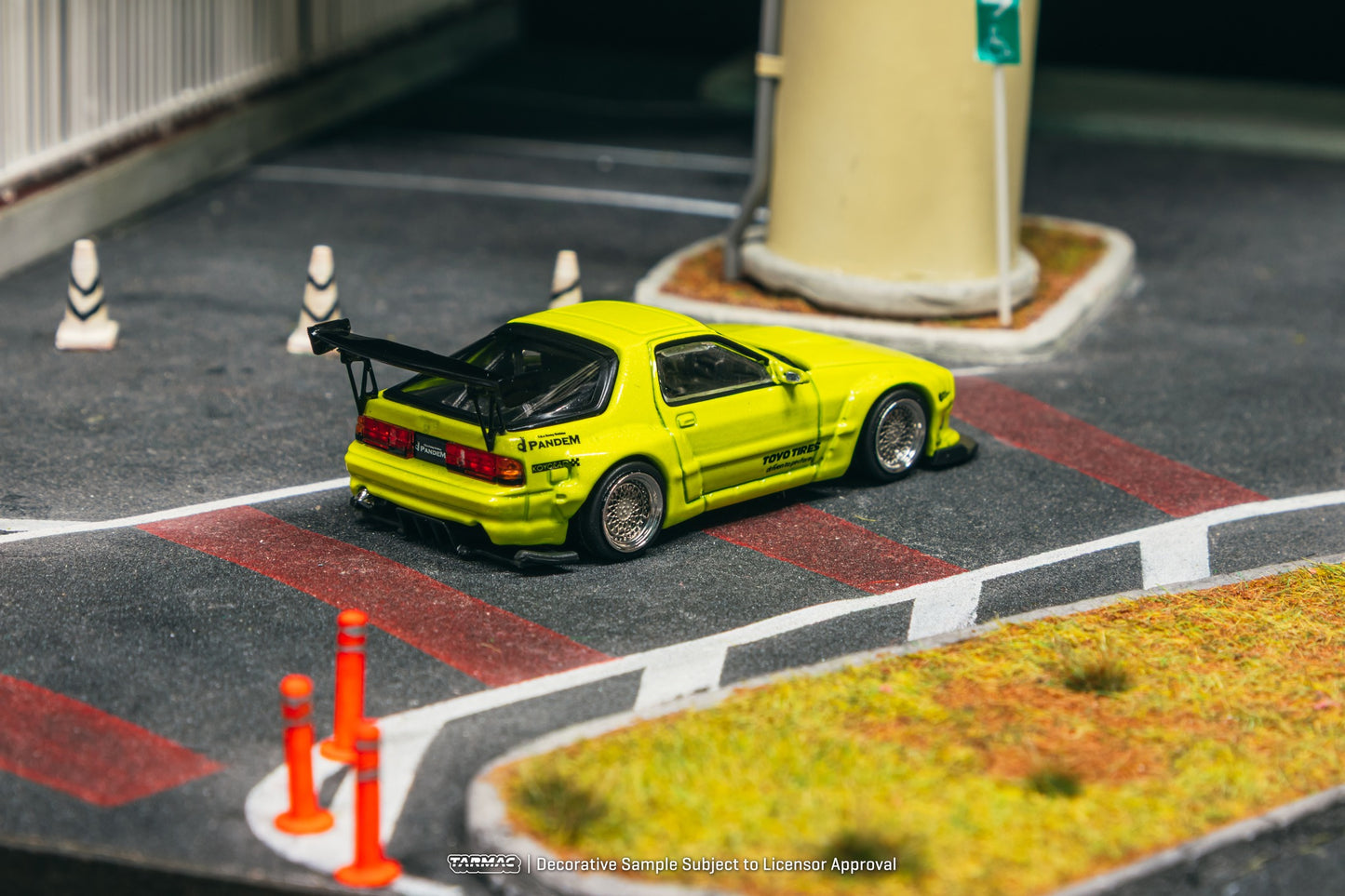 1:64 Tarmac Works Pandem Mazda RX-7 FC3S Yellow – widebody JDM die-cast model with display base. Back