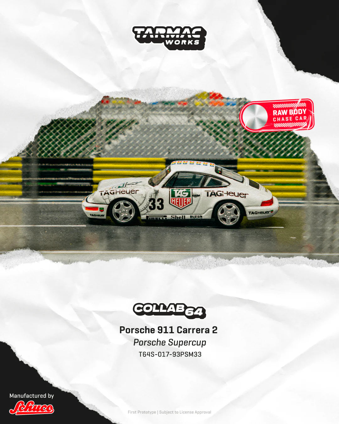 Tarmac Works × Schuco 1:64 Porsche 911 Carrera 2 Porsche Supercup Monaco 1993 winning race car.