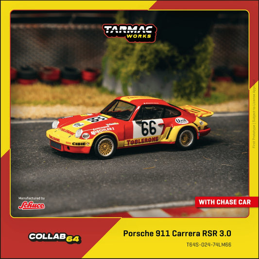Tarmac Works 1:64 Porsche 911 Carrera RSR 3.0 #66 from Le Mans 1974 with classic race livery.