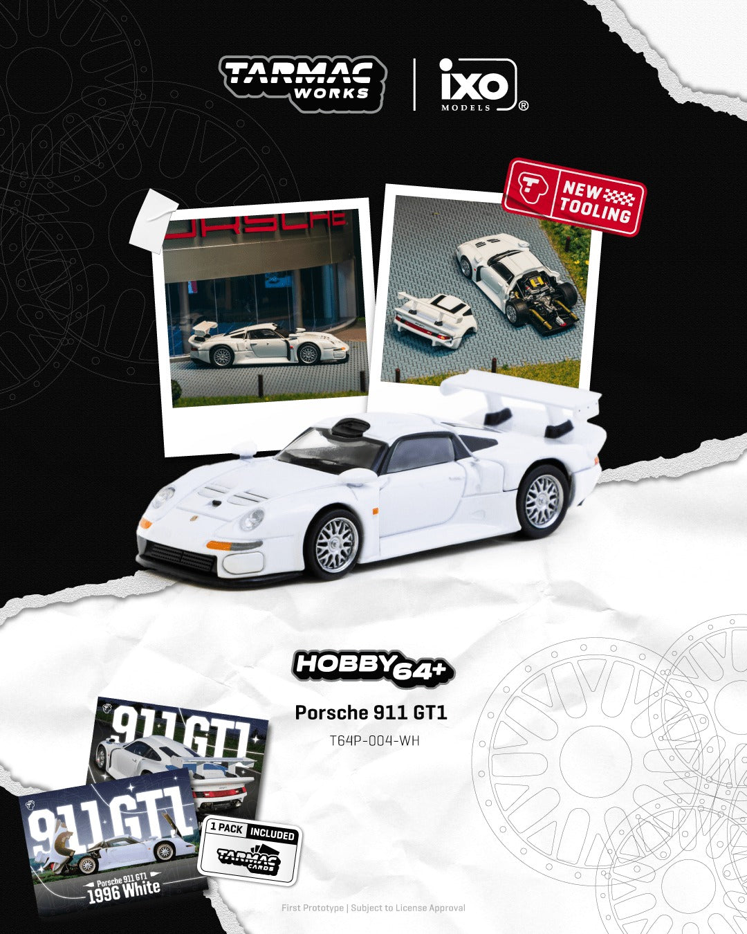 Tarmac Works Porsche 911 GT1 White 1:64 model car with trading cards combo set from Hobby64+ line. Poster