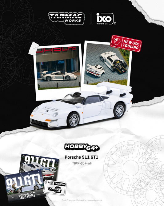 Tarmac Works Porsche 911 GT1 White 1:64 model car with trading cards combo set from Hobby64+ line. Poster