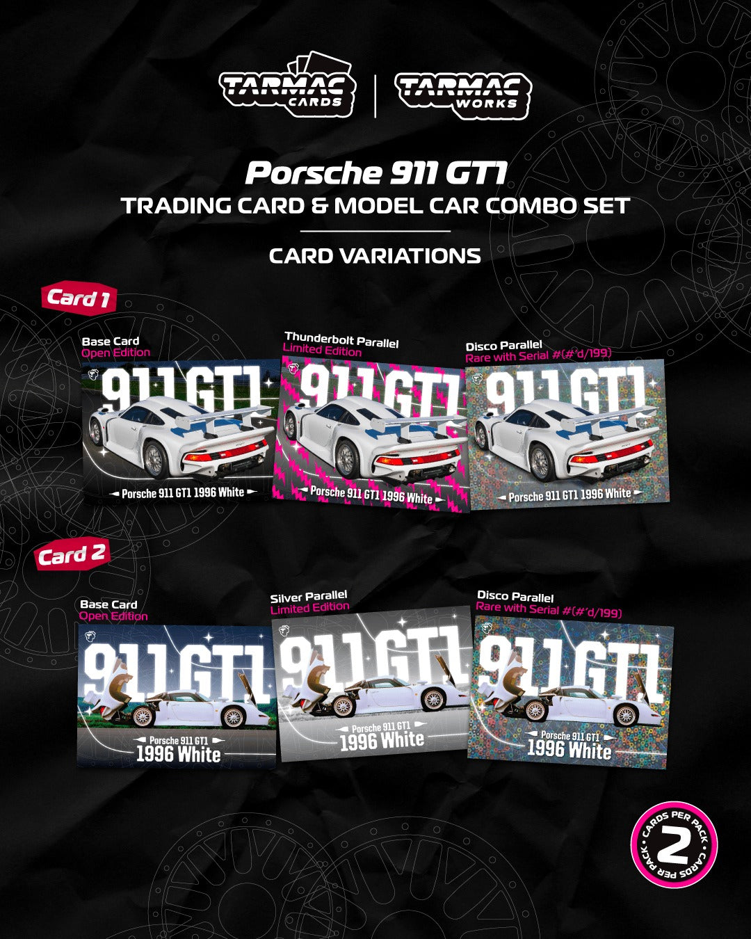 Tarmac Works Porsche 911 GT1 White 1:64 model car with trading cards combo set from Hobby64+ line. Cards