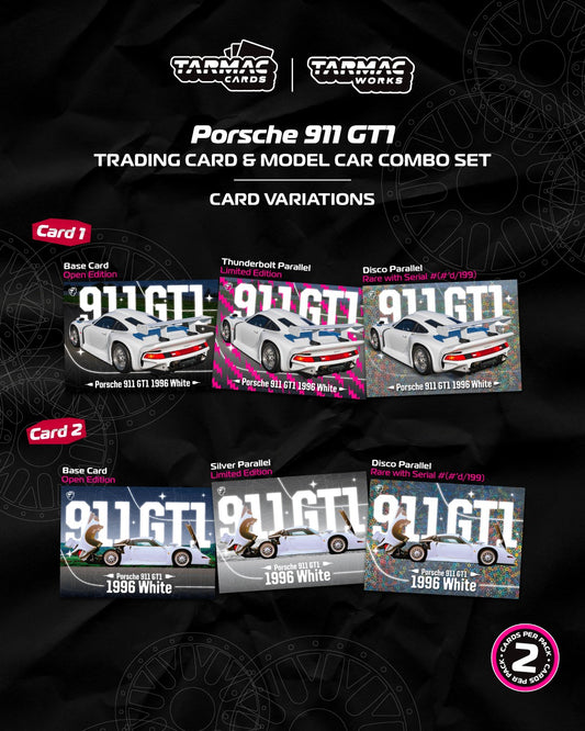 Tarmac Works Porsche 911 GT1 White 1:64 model car with trading cards combo set from Hobby64+ line. Cards
